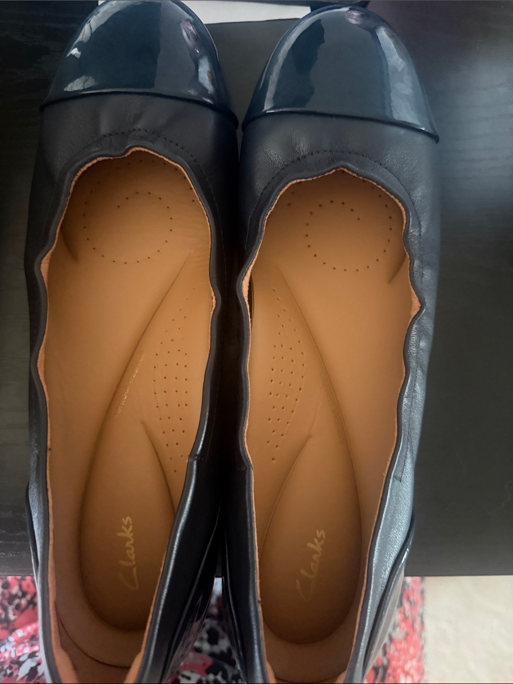 Clarks Navy Patent Cap-Toe Leather Ballet Flats